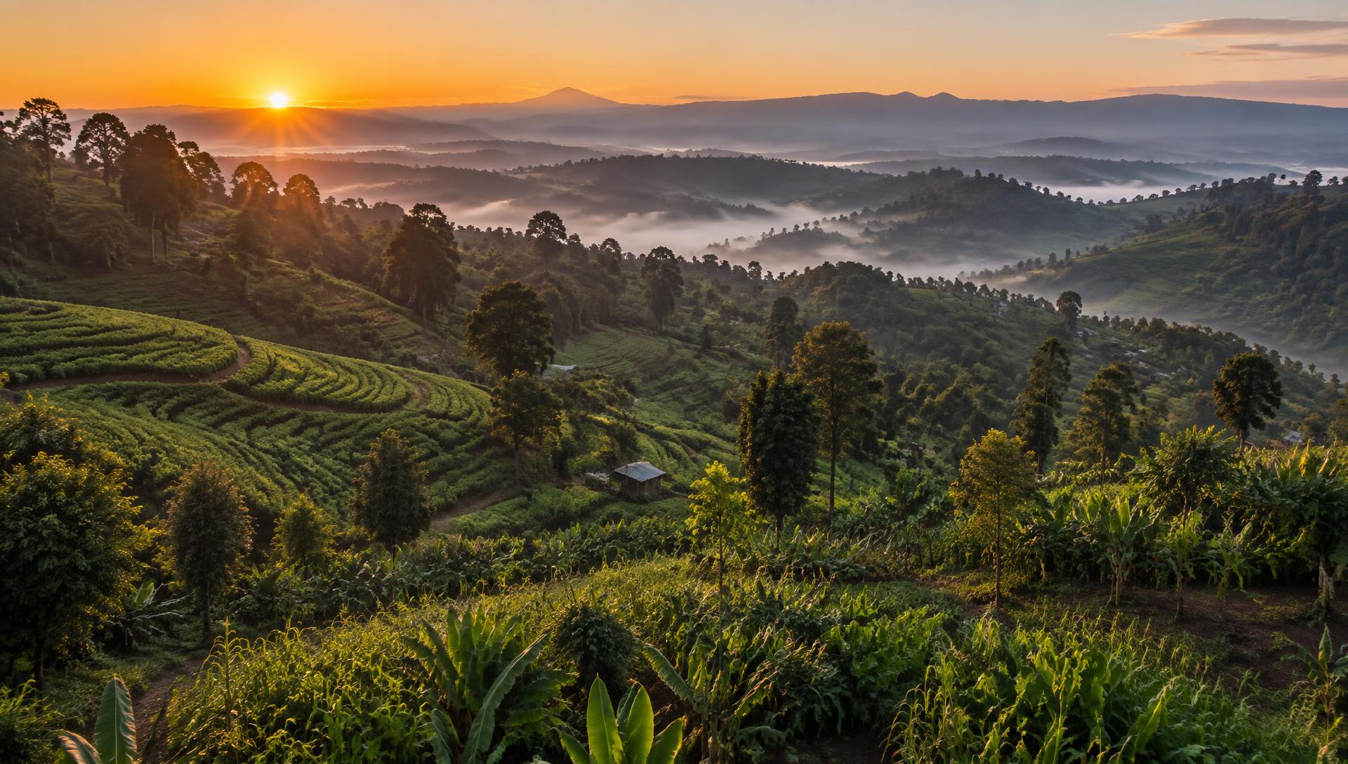 Terraced smallholder farms and indigenous trees in the Kenyan highlands at dawn